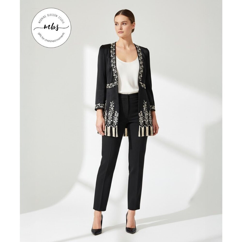 Nanette Lepore Silk Cotton Blend Embroidered Fringe Floral Blazer Black Women 2